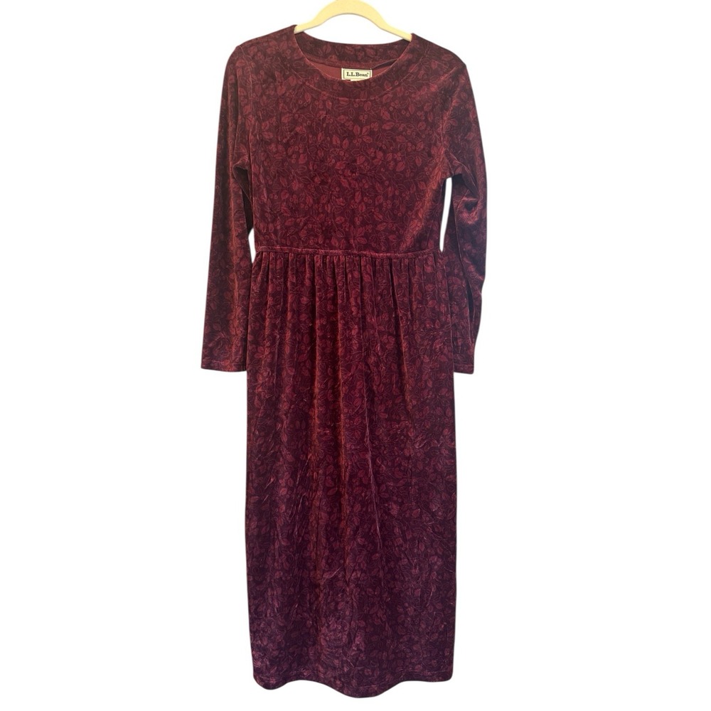 Vintage LL Bean Burgundy Holly Leaf Holiday Maxi Dress Velvet Size 6
